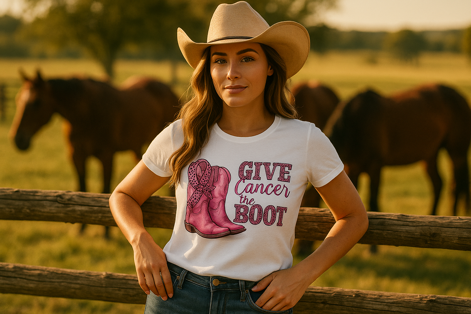 Cowgirl in white Give Cancer the Boot shirt