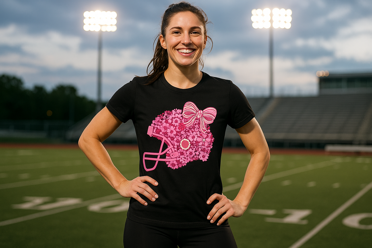 Female model in black football awareness shirt at stadium