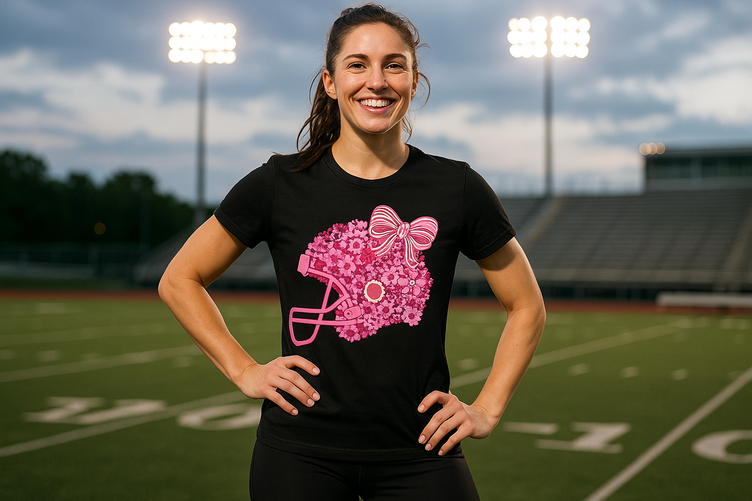 Female model in black football awareness shirt at stadium